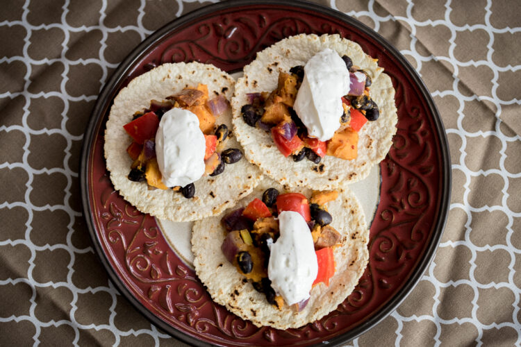 Spicy Sweet Potato & Black Bean Tacos with Garlic Yogurt Sauce